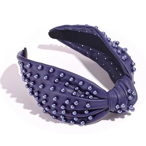 Navy Blue Faux Leather pearl beaded knot headband